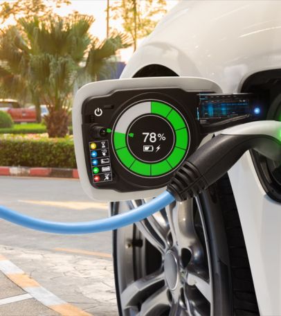 Electric vehicle changing on street parking with graphical user interface, Future EV car concept